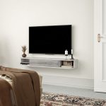 Mobile TV Sospeso in Legno con 2 Ripiani Aperti e Armadietto, 120x26x16 cm, Bianco e Grigio - immagine 8