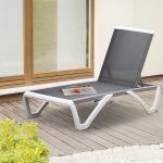 Lettino Prendisole con Schienale Reclinabile e Rotelle Posteriori, 195x67.5x33 cm, Grigio e Bianco - immagine 2