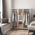Armadio Guardaroba a Rotelle con 2 Barre e 3 Ripiani Aperti, in Legno e Alluminio, 120x40x128 cm, Bianco - immagine 7