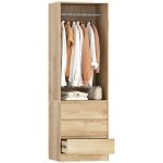 Armadio Guardaroba con Asta Appendiabiti, Ripiano Aperto e 3 Cassetti, in Legno, 60x48.5x185 cm, color Teak