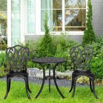 Set da Giardino 3pz con 2 Sedie da Esterno e Tavolino in Vetro con Foro per Ombrellone, in Alluminio, Nero - immagine 2