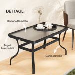 Tavolino da Esterno Rettangolare in Metallo Nero con Piano in Vetro Temperato, 95x55x46 cm - immagine 6