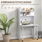Scrivania Pieghevole con Libreria a 4 Ripiani, 2 Ruote e Foro Passacavi, 80x69x155 cm, Bianco - immagine 6