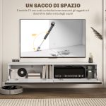 Mobile TV Sospeso con Armadietti con Ante a Ribalta in Legno, 160x35x30 cm, Bianco Lucido - immagine 5