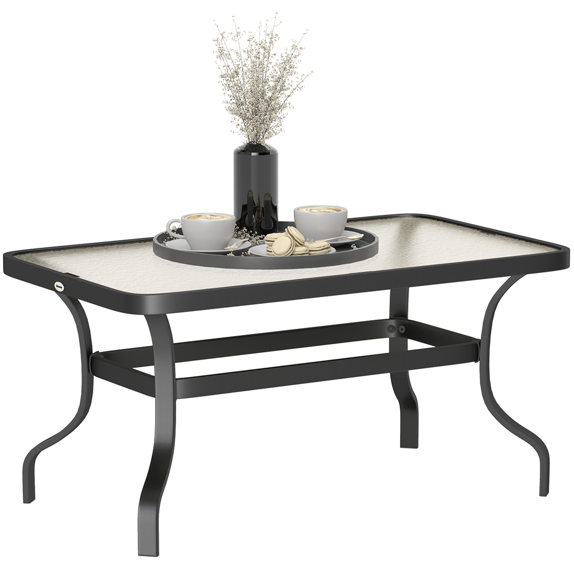 yH32ad194a2582f92.jpg Tavolino da Esterno Rettangolare in Metallo Nero con Piano in Vetro Temperato, 95x55x46 cm - immagine 1