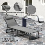 Sdraio da Giardino Pieghevole e Reclinabile a 5 Livelli con Tavolino Laterale e Tasca, 60x190x31 cm, Grigio e Nero - immagine 5