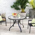 Tavolino da Giardino Rotondo con Foro per Ombrellone, in Metallo e Vetro Temperato, Ø96.5x71 cm, Nero - immagine 2