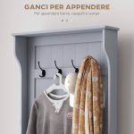Mobile Appendiabiti 3 in 1 con 4 Ganci e Panca Contenitore, in Legno, 71.5x39.5x170 cm, Grigio - immagine 5
