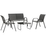 Set da Giardino con Divano 2 Posti, 2 Poltrone Impilabili e Tavolino in Vetro, Nero