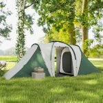 Tenda da Campeggio 4-6 Persone con 2 Camere, in Poliestere e Fibra di Vetro, 555x225x190 cm, Grigio e Verde - immagine 8