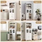 Mobile Dispensa con 2 Ripiani Aperti e 2 Armadietti con Ante, in MDF e Vetro, 60x30x162 cm, Bianco - immagine 8