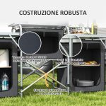 Cucina da Campeggio Pieghevole a 3 Piani con 5 Ripiani Interni e 4 Ganci, 172x48x119 cm, Nero - immagine 7