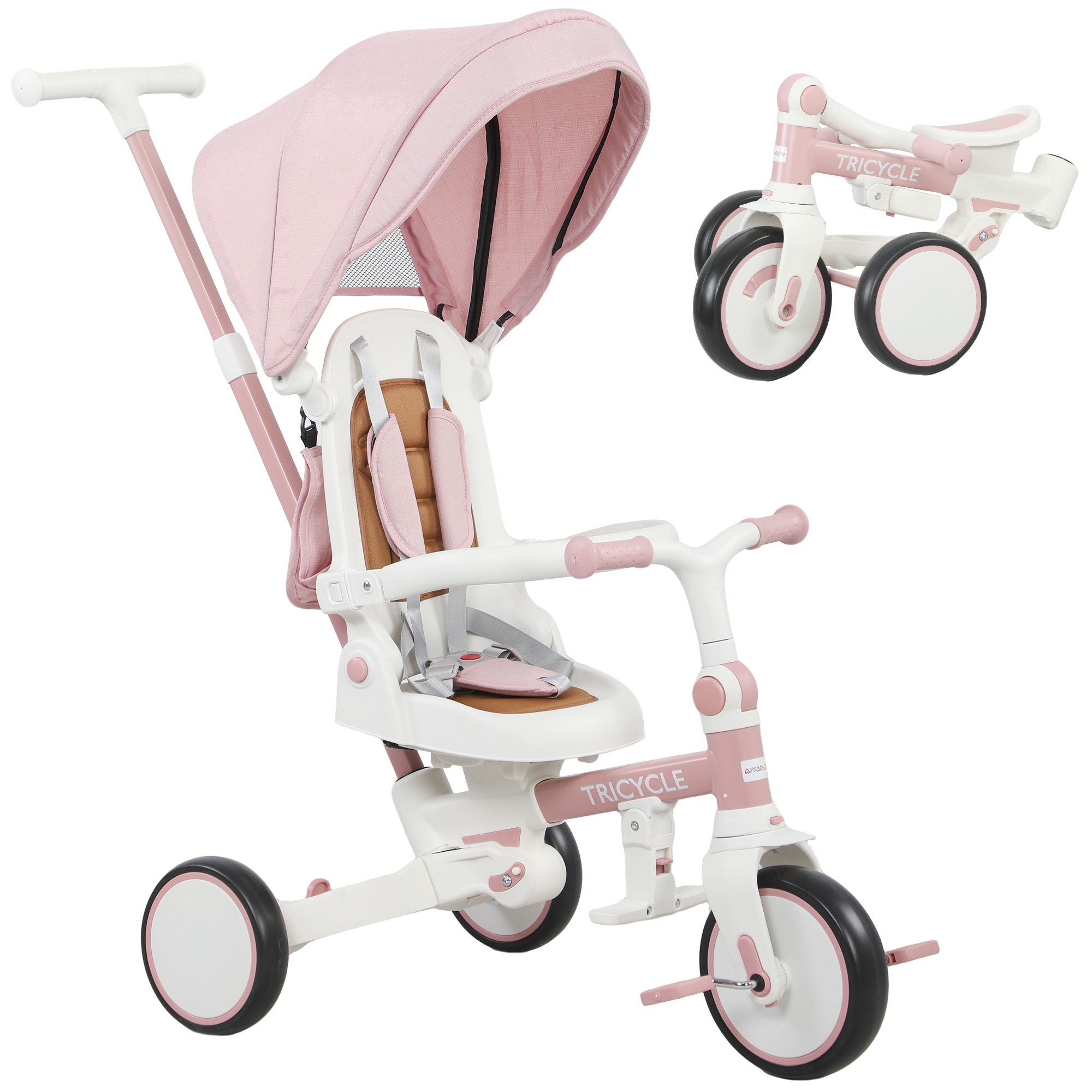 82q9c719ad9ae8e11.jpg Triciclo per Bambini 5 in 1 con Maniglione di Spinta e Copertura Rimovibile, 96.5x49x101 cm, Rosa - immagine 1