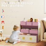 Scaffale Portagiochi Mobile Porta Giocattoli 3 Livelli 6 Cesti, Rosa - immagine 6
