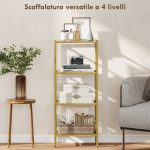 Mobiletto Scaffale a 4 Livelli Minimal in Metallo e Vetro Temperato, 40x30x96.5 cm, color Oro - immagine 4