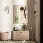 Set Mobili da Ingresso con Panca Scarpiera, Appendiabiti a Muro e Specchio, 80x27x46.5 cm, Marrone Scuro - immagine 8