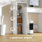 Scrivania PC Moderna con 3 Ripiani Aperti e Cassetto, in Legno Bianco, 100x40x90 cm - immagine 4