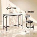Set Tavolo Alto e 4 Sgabelli da Bar con Schienale e Poggiapiedi in Stile Industriale, Grigio Cemento - immagine 3