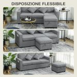 Divano 3 Posti Modulare con Pouf Contenitore in Velluto a Coste, 196x139x85 cm, Grigio Chiaro - immagine 5