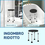Sgabello da Doccia Antiscivolo e Regolabile su 8 Altezze, in Alluminio e PE, 32.5x41x35.5-54 cm, Nero - immagine 5