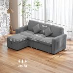 Divano 3 Posti Modulare con Pouf Contenitore in Velluto a Coste, 196x139x85 cm, Grigio Chiaro - immagine 3