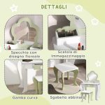 Set Toeletta per Bambina con Specchio Trucco e Sgabello Abbinato in Legno, Cassetto e Contenitori, Bianco - immagine 6