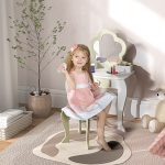 Set Toeletta per Bambina con Specchio Trucco e Sgabello Abbinato in Legno, Cassetto e Contenitori, Bianco - immagine 2