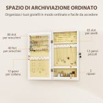 Mobiletto Portagioie a Specchio con Design a Muro e 2 Chiavi di Sicurezza, in Legno, 36.5x9.5x67 cm, Bianco - immagine 5
