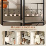 Scaffale Cucina a 4 Livelli con Pannelli a Rete e 8 Ganci Stile Industriale, 60x42x134.5 cm, Rovere - immagine 5