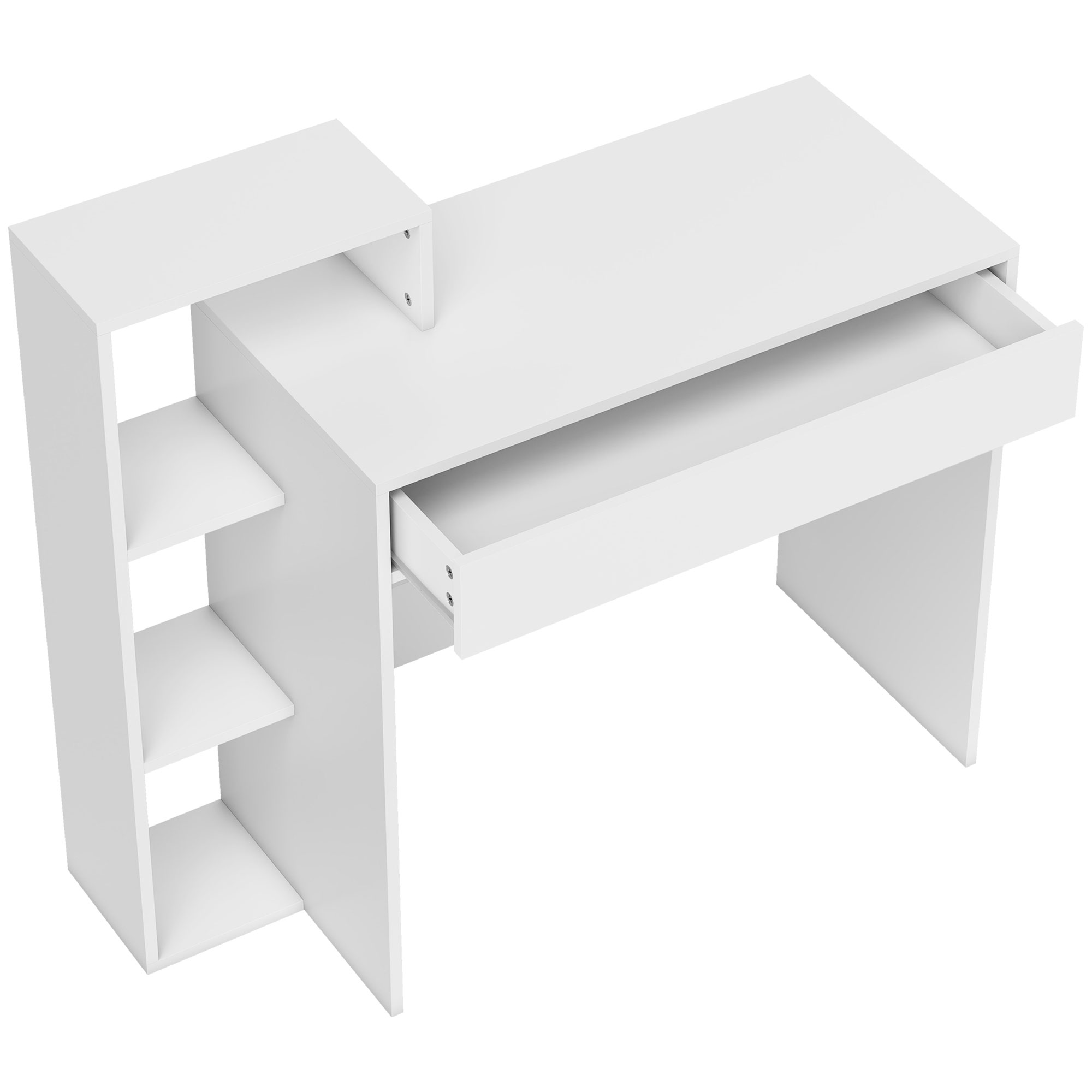 jcff31198876aeb70.jpg Scrivania PC Moderna con 3 Ripiani Aperti e Cassetto, in Legno Bianco, 100x40x90 cm - immagine 1