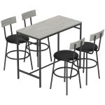 Set Tavolo Alto e 4 Sgabelli da Bar con Schienale e Poggiapiedi in Stile Industriale, Grigio Cemento