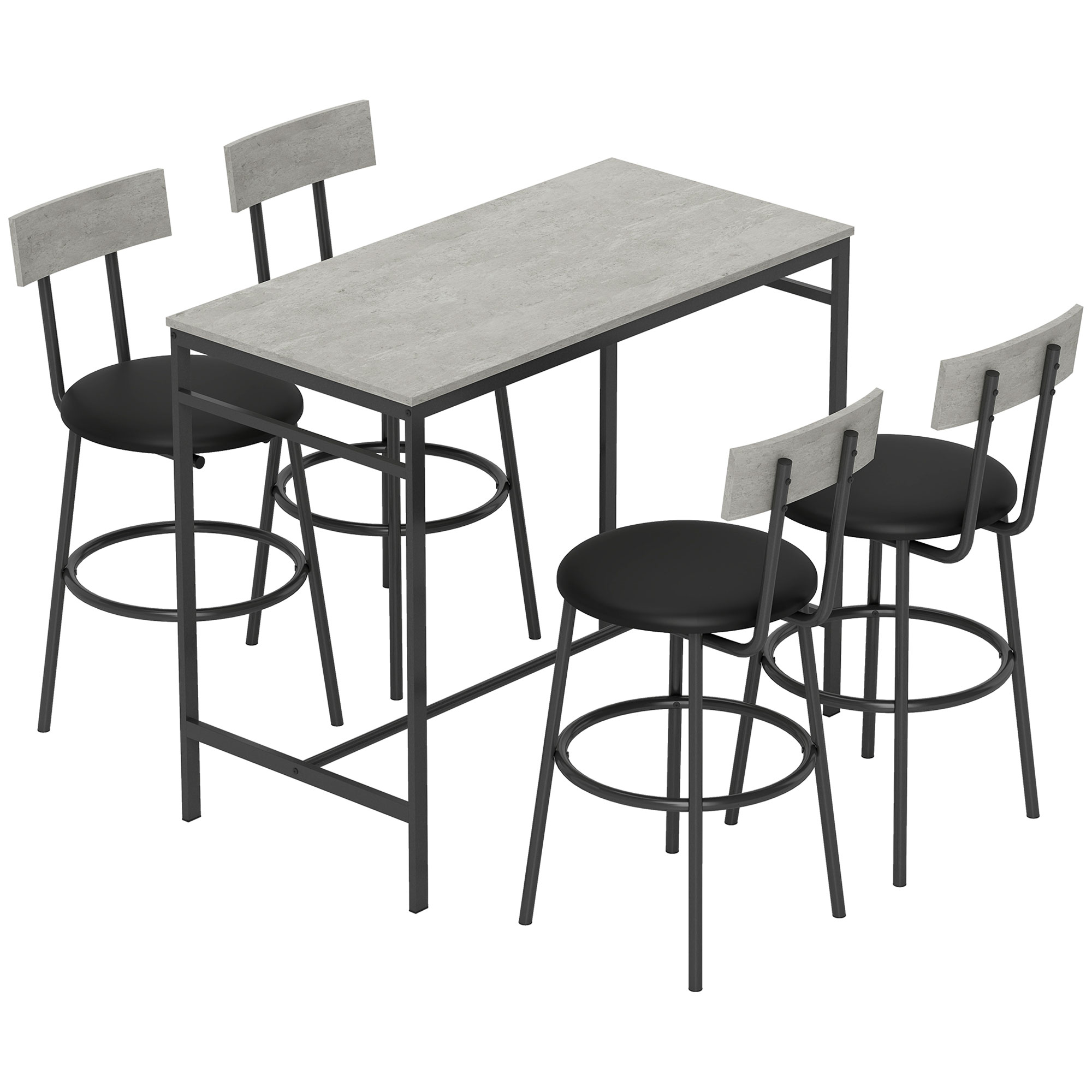 m1Kb6f198fed1e691.jpg Set Tavolo Alto e 4 Sgabelli da Bar con Schienale e Poggiapiedi in Stile Industriale, Grigio Cemento - immagine 1