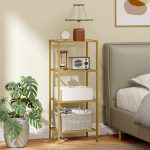 Mobiletto Scaffale a 4 Livelli Minimal in Metallo e Vetro Temperato, 40x30x96.5 cm, color Oro - immagine 8