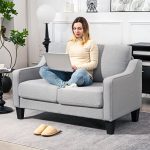 Divano 2 Posti Moderno e Salvaspazio in Tessuto Effetto Lino, 136x77x86 cm;, Grigio Chiaro - immagine 7