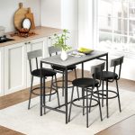 Set Tavolo Alto e 4 Sgabelli da Bar con Schienale e Poggiapiedi in Stile Industriale, Grigio Cemento - immagine 8