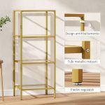Mobiletto Scaffale a 4 Livelli Minimal in Metallo e Vetro Temperato, 40x30x96.5 cm, color Oro - immagine 6