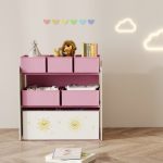 Scaffale Portagiochi Mobile Porta Giocattoli 3 Livelli 6 Cesti, Rosa - immagine 9