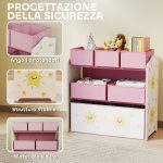 Scaffale Portagiochi Mobile Porta Giocattoli 3 Livelli 6 Cesti, Rosa - immagine 5