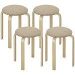 Set 4 Sgabelli Impilabili e Imbottiti con Rivestimento in Tessuto e Gambe in Legno, Cachi