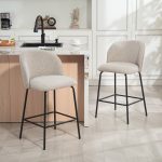 Set 2 Sgabelli da Bar con Schienale e Poggiapiedi, Rivestimento in Tessuto e Gambe in Acciaio, Grigio - immagine 2