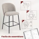 Set 2 Sgabelli da Bar con Schienale e Poggiapiedi, Rivestimento in Tessuto e Gambe in Acciaio, Grigio - immagine 7