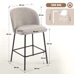 Set 2 Sgabelli da Bar con Schienale e Poggiapiedi, Rivestimento in Tessuto e Gambe in Acciaio, Grigio - immagine 3
