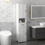 Mobile Colonna Bagno in Legno con Mensola Aperta, Cassetto e 2 Armadietti, 40x30x164 cm, Bianco - immagine 2