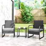 Salotto da Giardino in Rattan con 2 Poltrone da Esterno e Tavolino con Piano in Vetro, Nero - immagine 2