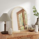 Specchio da Parete ad Arco con Bordo Scanalato e Ganci, in Vetro e Polistirene, 60x2x90 cm, Beige - immagine 7