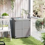 Armadietto da Esterno, Capanno Porta Attrezzi con Mensola, in Legno con 2 Ante per Giardino, Patio, Grigio - immagine 2