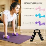 Set 6 Manubri Pesi (2x1 kg, 2x2 kg, 2x3 kg) da 12 kg con Supporto/Kettlebell, in Metallo e PP Rosa, Azzurro e Viola - immagine 4