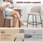 Set 2 Sgabelli da Bar con Schienale e Poggiapiedi, Rivestimento in Tessuto e Gambe in Acciaio, Grigio - immagine 4
