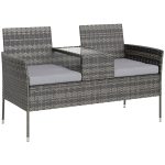 Panchina da Esterno 2 Posti con Tavolino da Caffè, in Acciaio e Rattan PE, 137x59x82 cm, Grigio