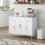 Credenza Buffet Elegante con 2 Cassetti e 3 Armadietti con Ripiani Regolabili, in Legno, 120x38x86 cm, Bianco - immagine 8